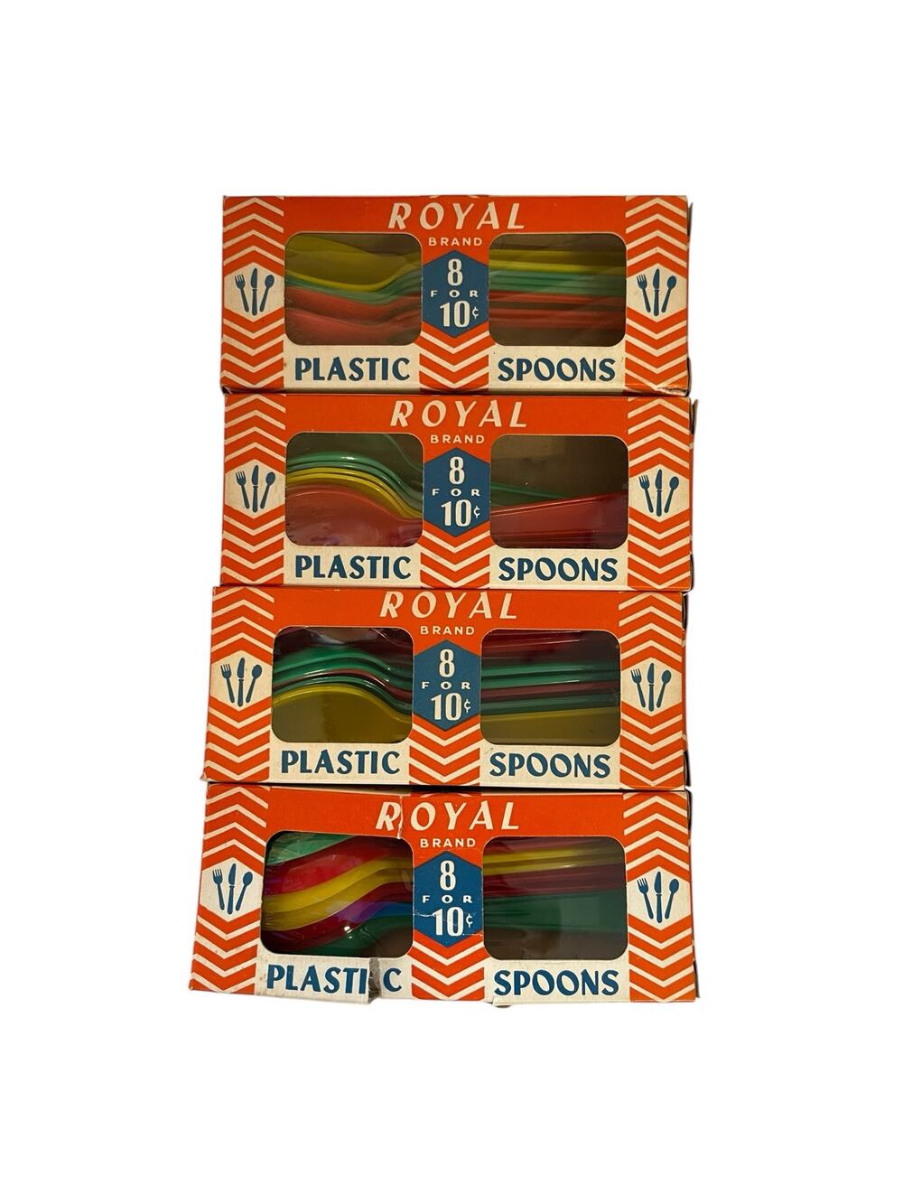 Vintage Retro Royal Brand Plastic Spoons 1950's 4 Box of 8 Multi Color Full Size